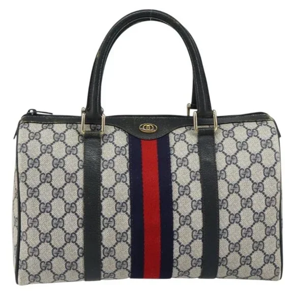 GUCCI GG Supreme Sherry Line Boston Bag PVC Navy Gold Red Auth 150128 - Picture 10 of 16